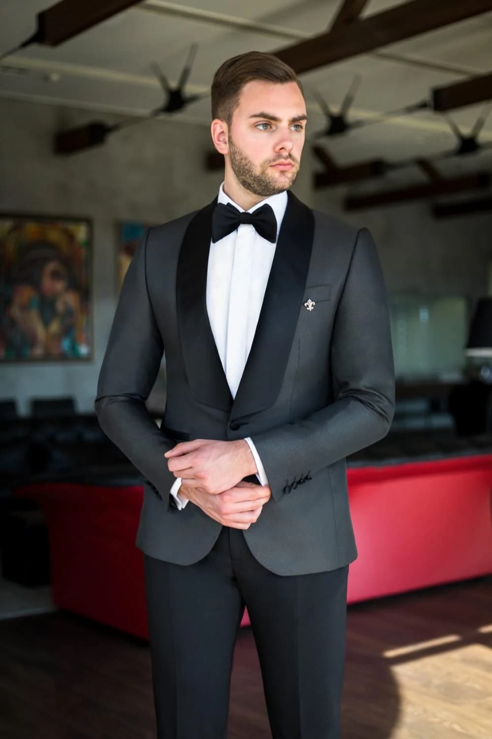 Tuxedo Xám Than Ve Khăn — TUX-057