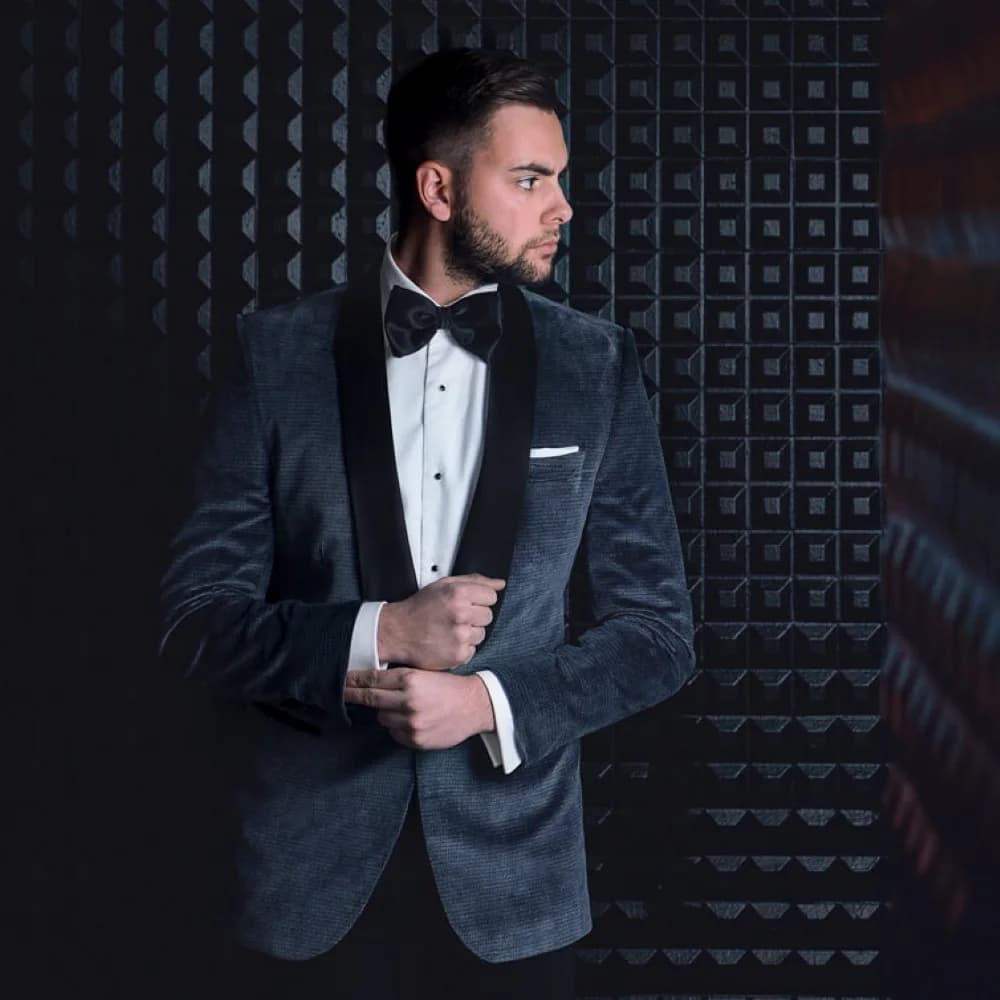 Tuxedo Xám Xanh Than Nhung Kẻ Ve Shawl Satin Đen — TUX-108