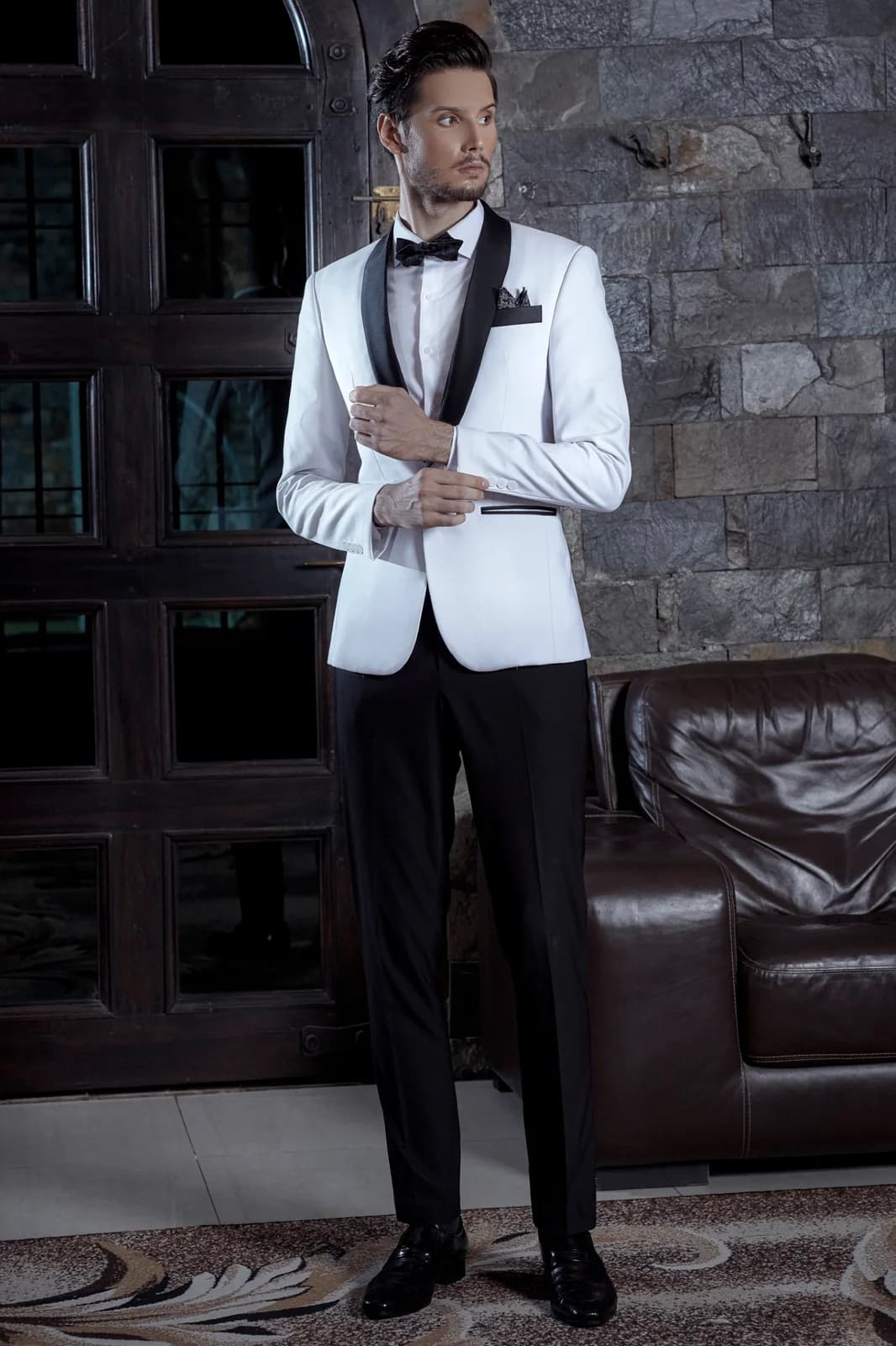 Tuxedo Trắng Một Khuy Ve Shawl Satin Đen Quần Đen — TUX-114