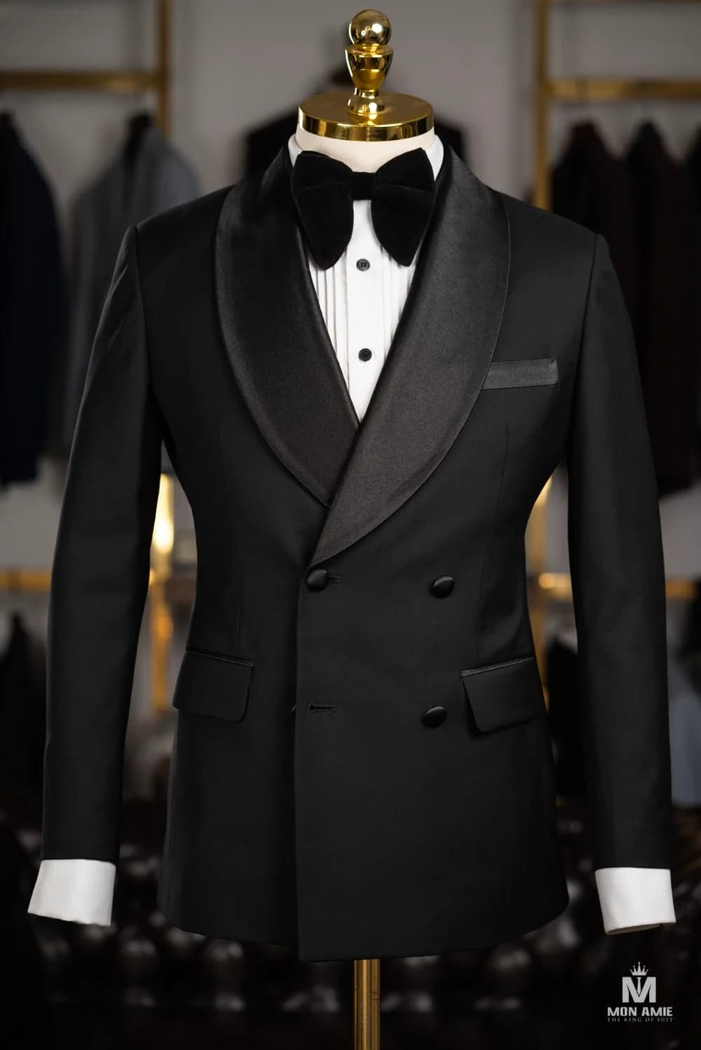 Tuxedo Đen Hai Hàng Ve Shawl Bản Lớn Túi Nắp Viền Satin — TUX-119