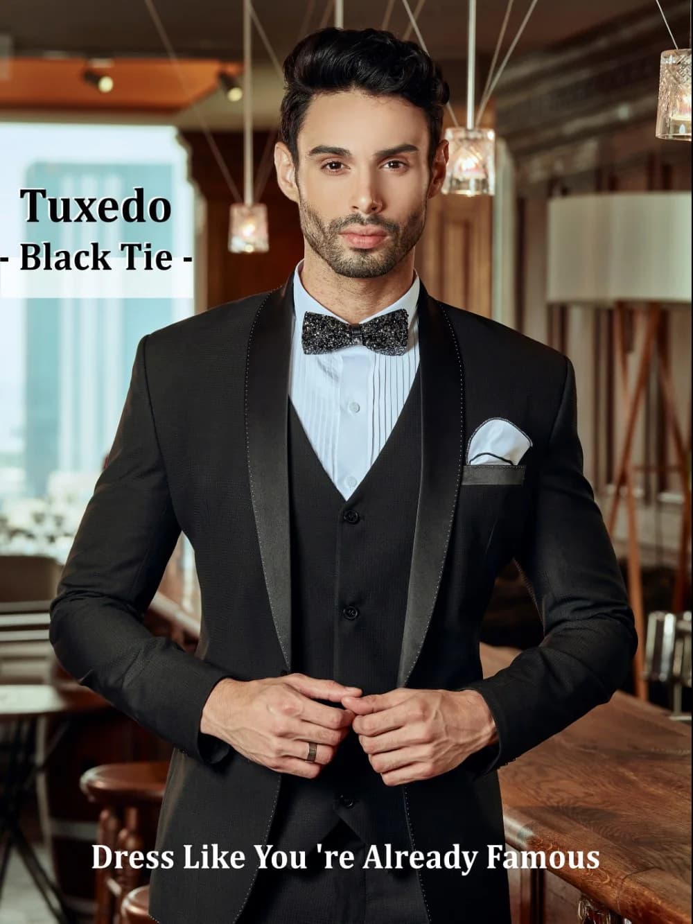 Tuxedo Đen Dệt Nổi Ve Shawl Gilê Cổ V Nơ Đá Lấp Lánh — TUX-123