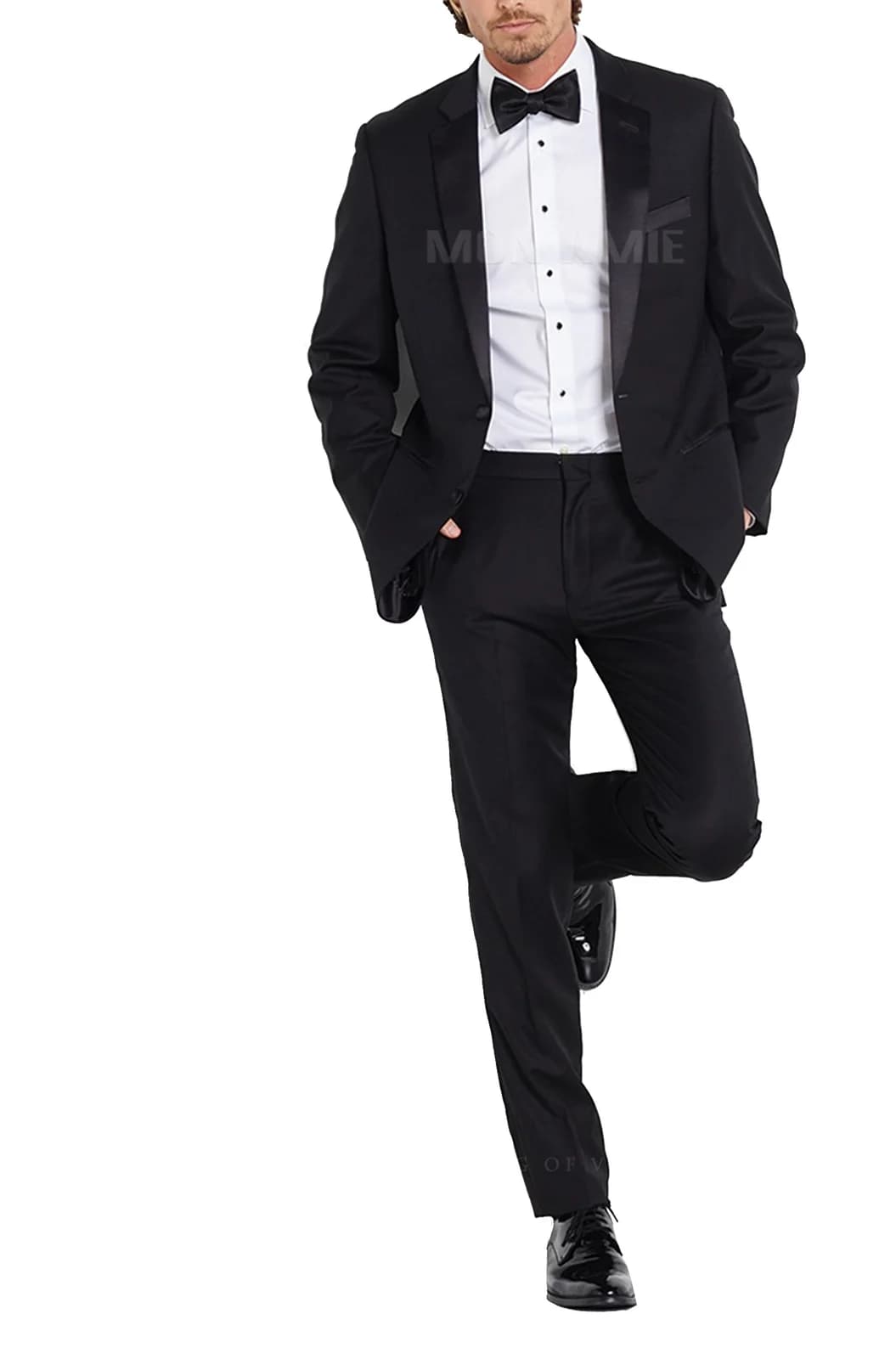 Tuxedo Đen Hai Cúc Ve Khía Bọc Satin Nơ Đen — TUX-124