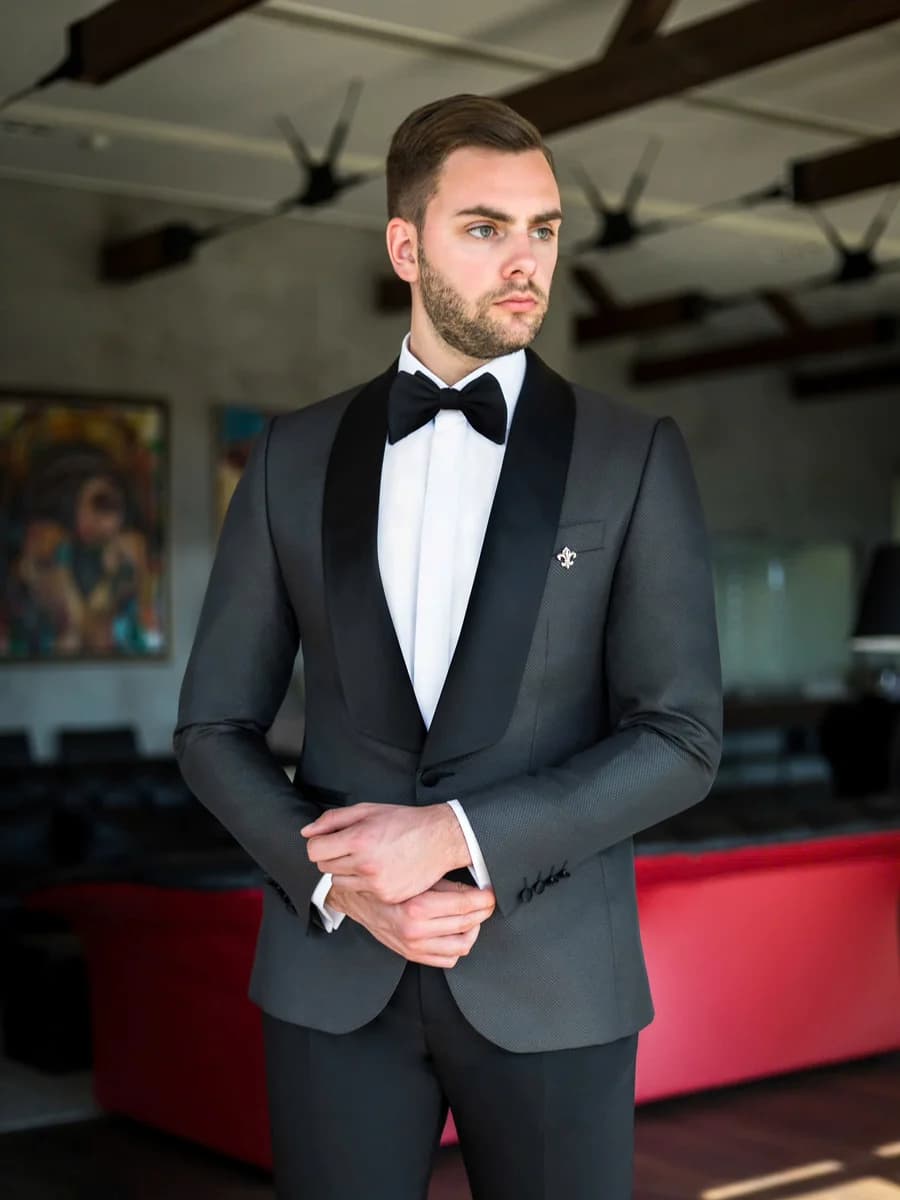 Tuxedo Xám Chì Ve Shawl Satin — TUX-025