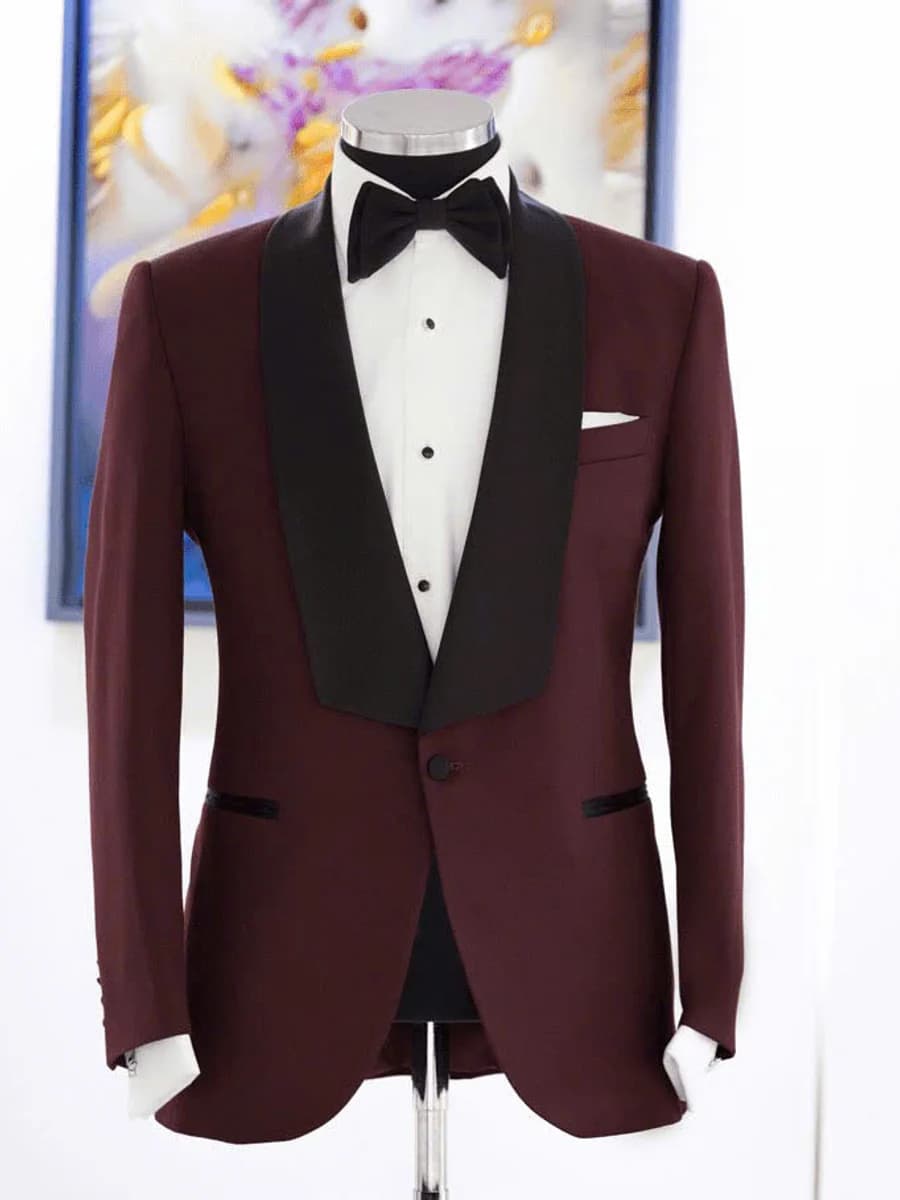 Tuxedo Đỏ Mận Ve Shawl Đen — TUX-030