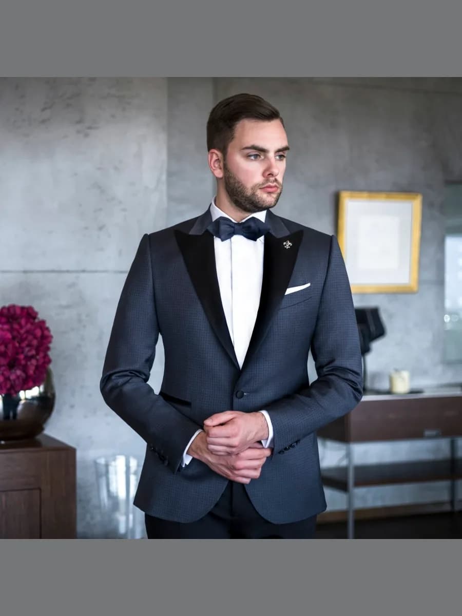Tuxedo Xanh Than Họa Tiết Chấm Nhỏ Nơ Navy — TUX-100