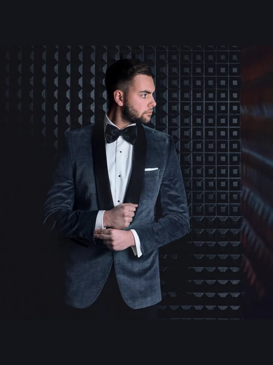 Tuxedo Xám Xanh Than Nhung Kẻ Ve Shawl Satin Đen — TUX-108