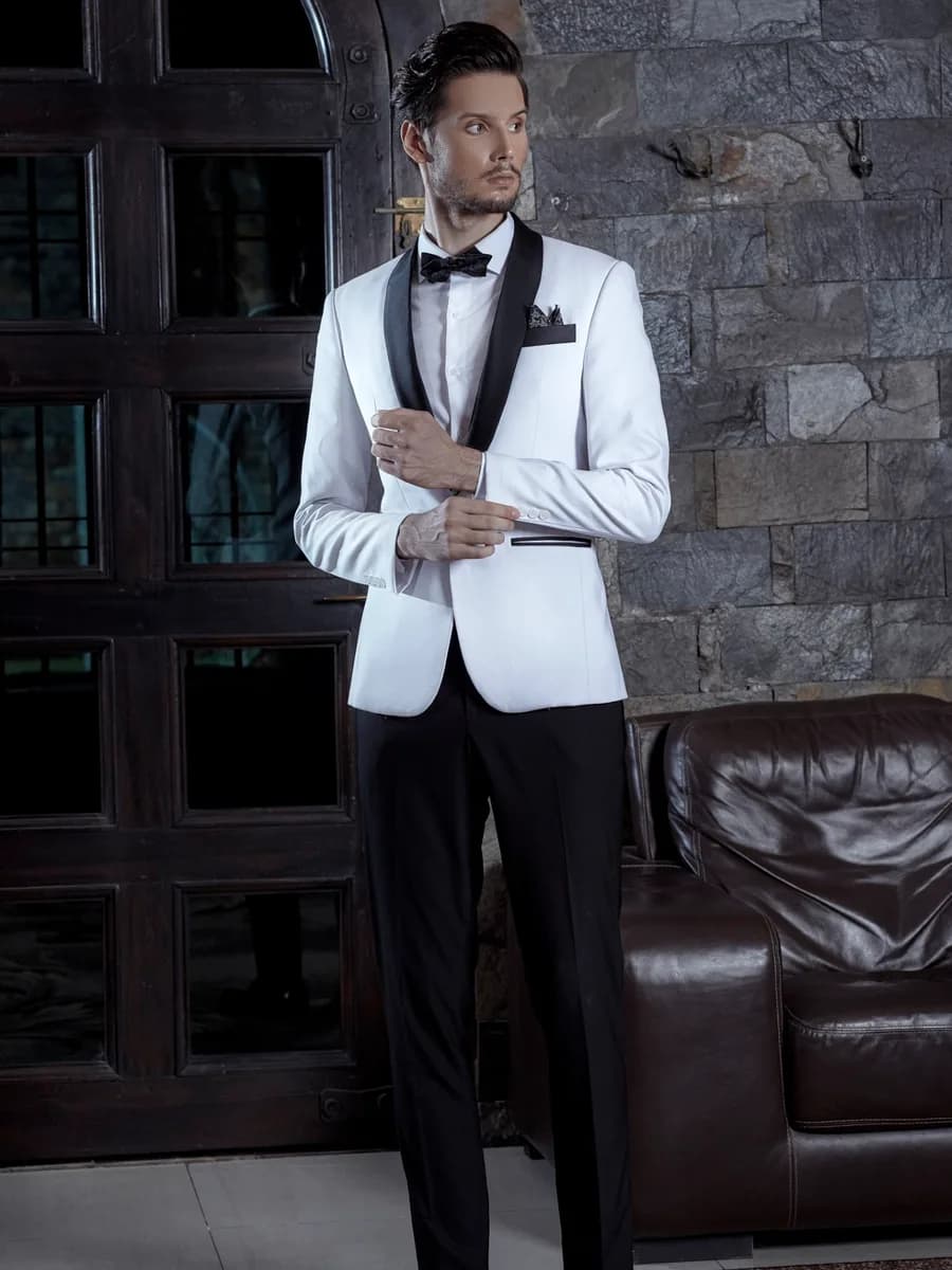 Tuxedo Trắng Một Khuy Ve Shawl Satin Đen Quần Đen — TUX-114