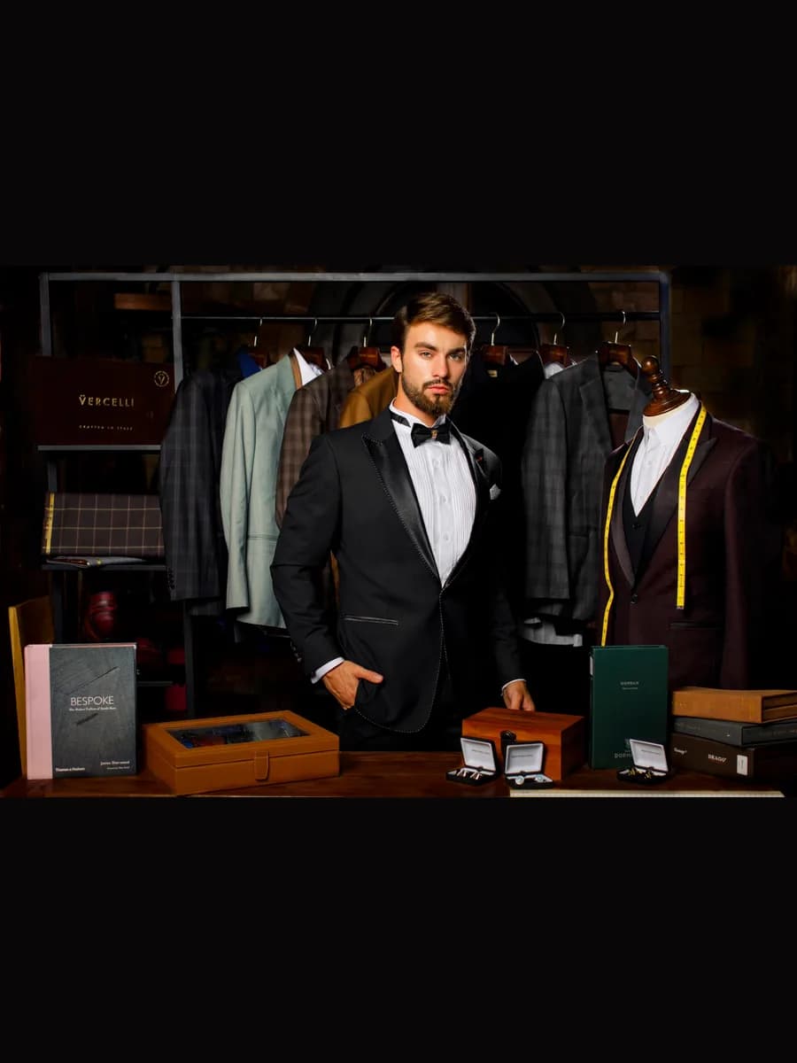 Tuxedo Đen Ve Nhọn Satin Viền Chấm Bi Sơ Mi Xếp Ly — TUX-121
