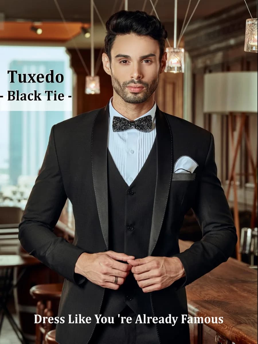 Tuxedo Đen Dệt Nổi Ve Shawl Gilê Cổ V Nơ Đá Lấp Lánh — TUX-123