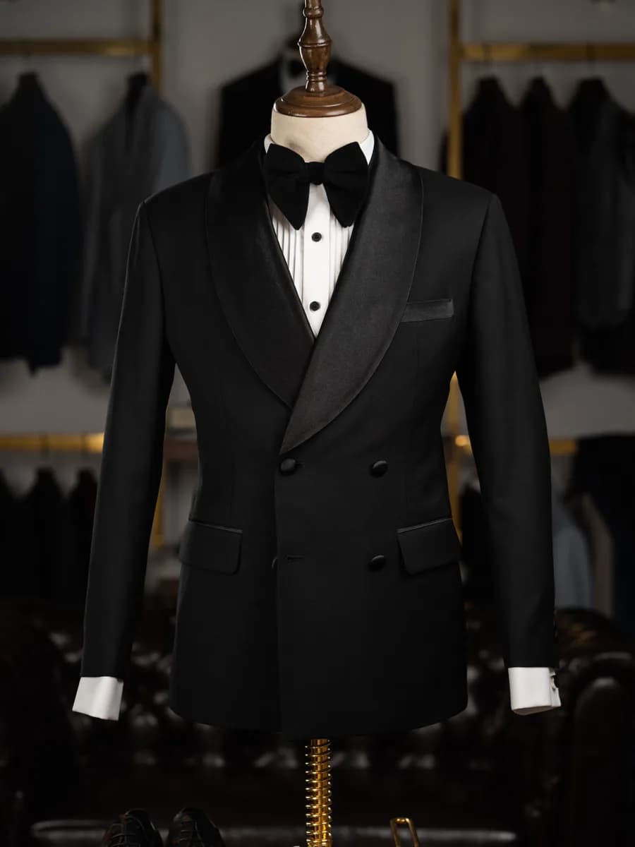 Tuxedo Đen Hai Hàng Nút Ve Shawl Satin — TUX-133
