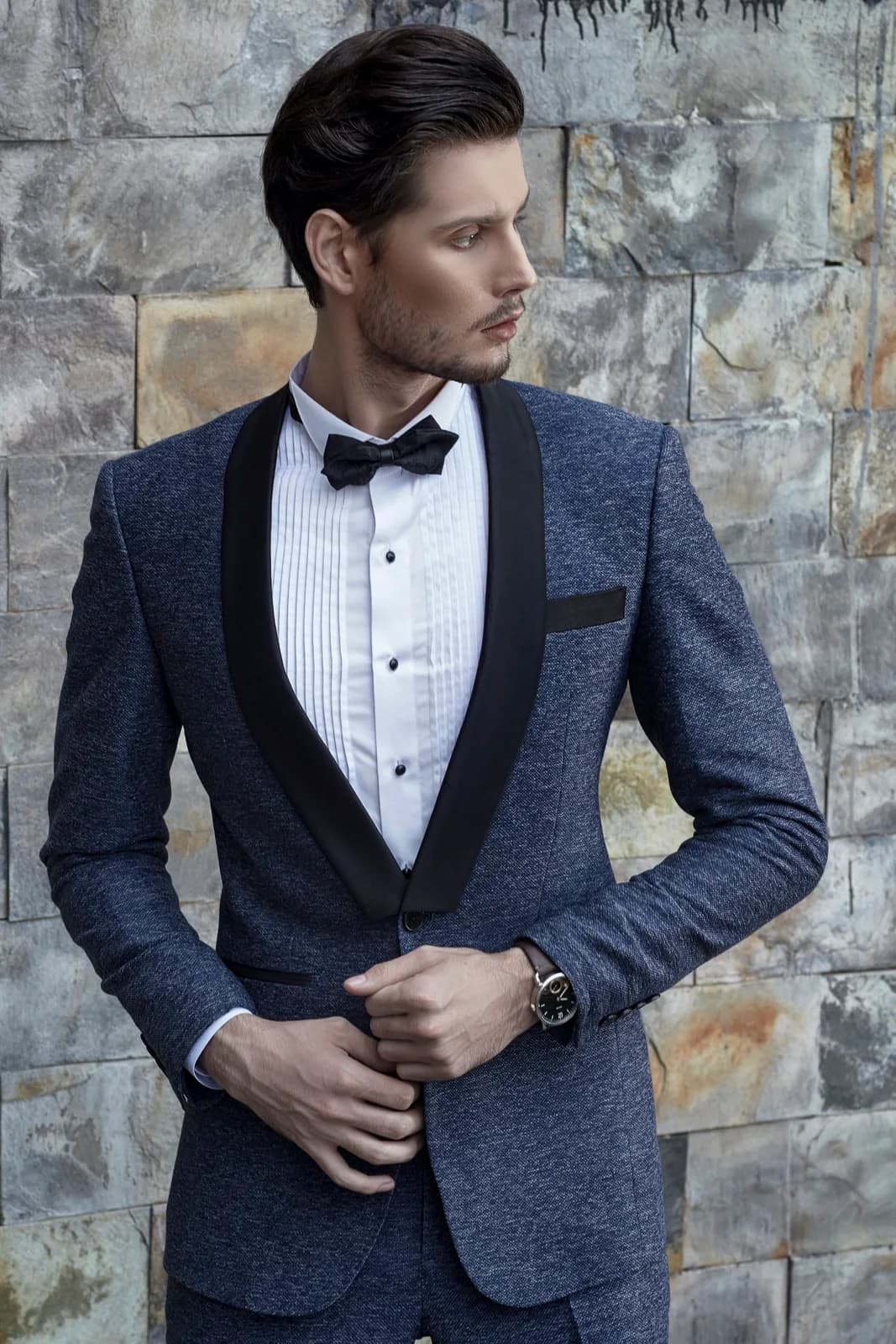 Tuxedo Xanh Navy Tweed Melange Ve Shawl Đen Bản Lớn — TUX-112